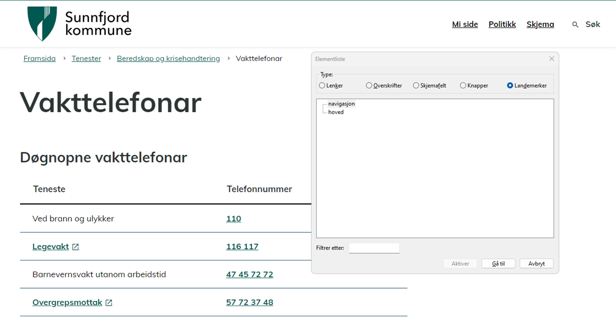 Eksempel på opplisting av landemerker fra skjermleseren NVDA. - Klikk for stort bilde