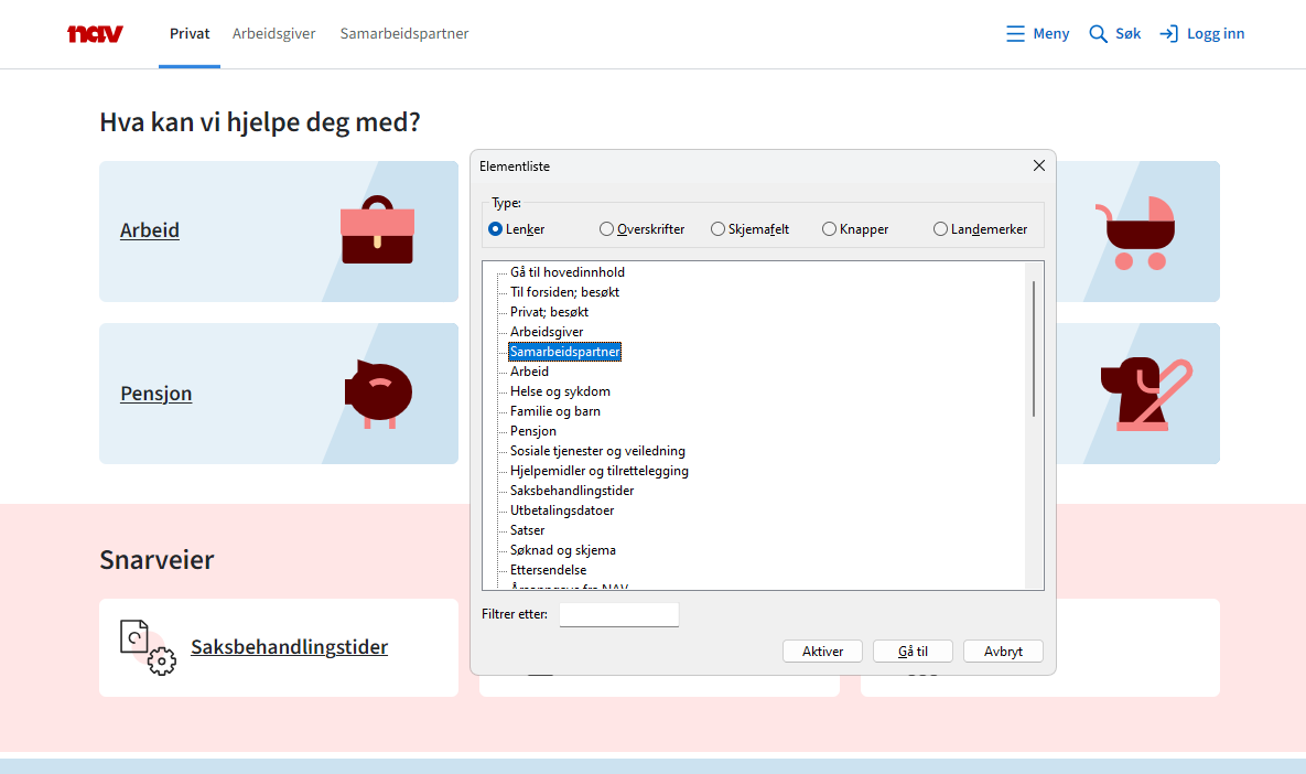 Eksempel på opplisting av landemerker fra skjermleseren NVDA. - Klikk for stort bilde