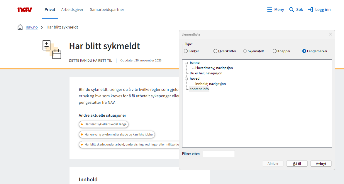 Eksempel på opplisting av landemerker fra skjermleseren NVDA. - Klikk for stort bilde