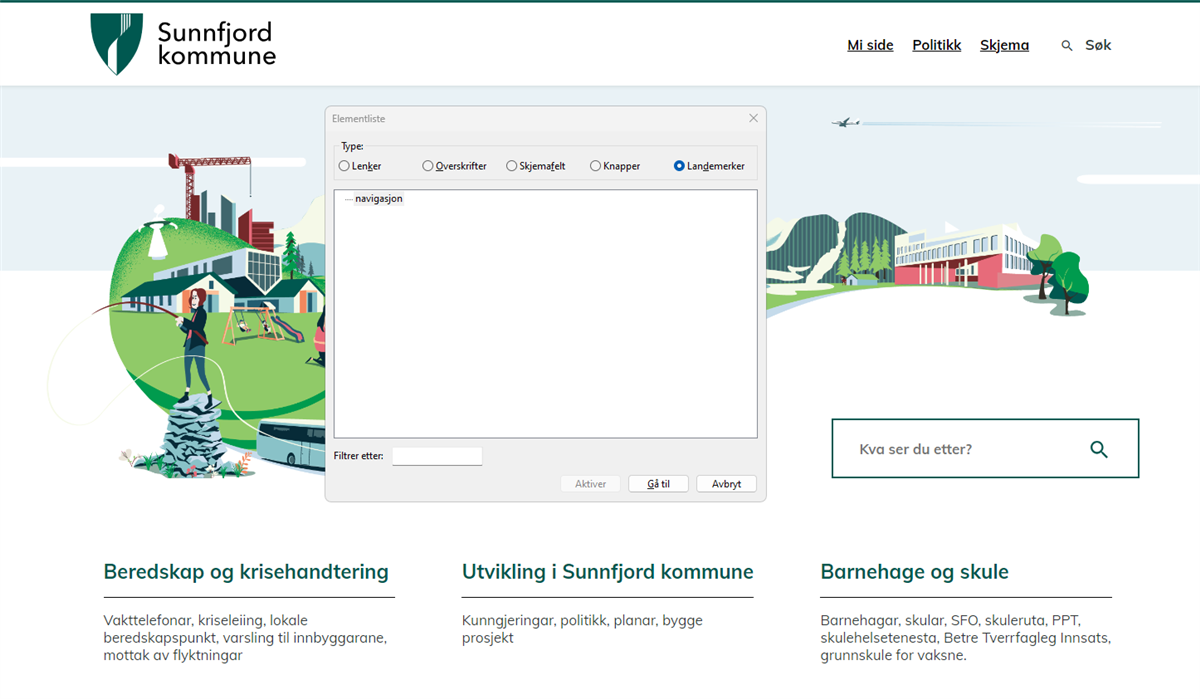 Eksempel på opplisting av landemerker fra skjermleseren NVDA. - Klikk for stort bilde